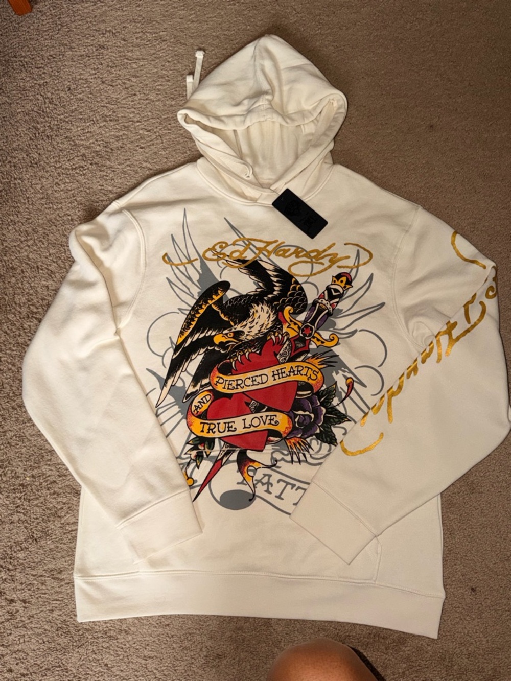 NWT Ed Hardy Ivory Hoodie with Gold Script and Black Graphic - Picture 2 of 9